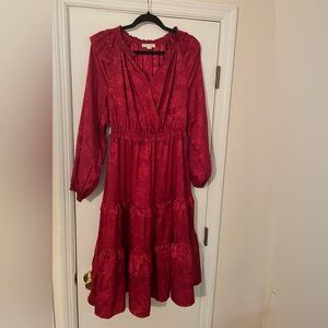 Red Tiered V-Neck Sundress with Bishop Sleeves